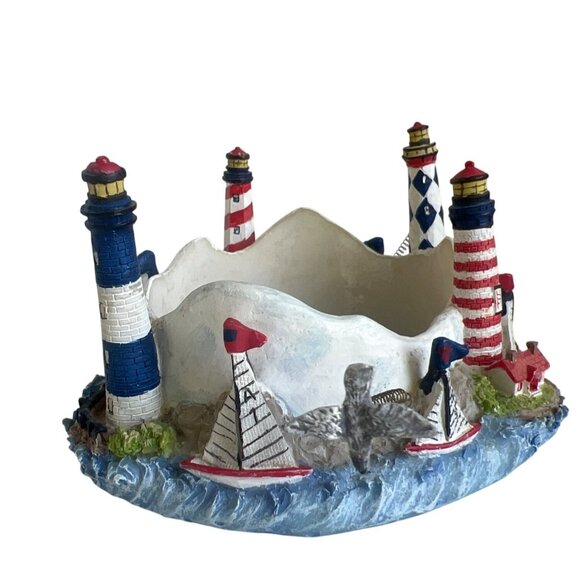 Candle Holder Nautical-Themed Lighthouse Sailboat and Flying Birds Resin - Picture 3 of 10